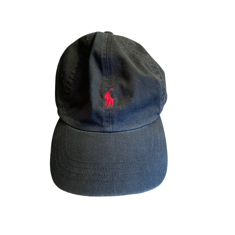 Polo Ralph Lauren Black Cotton Baseball Cap Red Pony Leather Strapback Hat